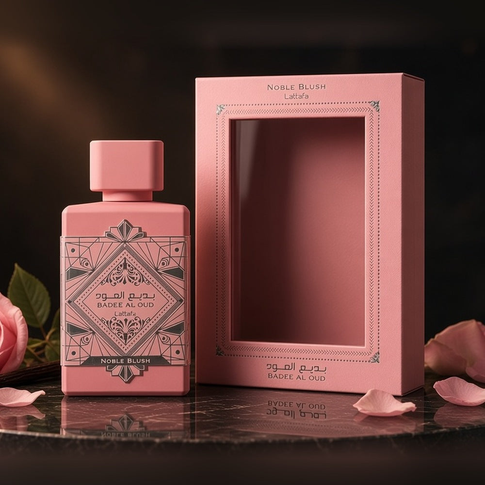 Lattafa Bade'e Al Oud Noble Blush Eau de Parfum 100ml bottle and box