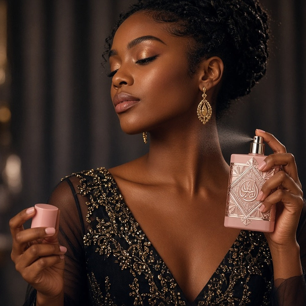 Lattafa Bade'e Al Oud Noble Blush Eau de Parfum 100ml being worn