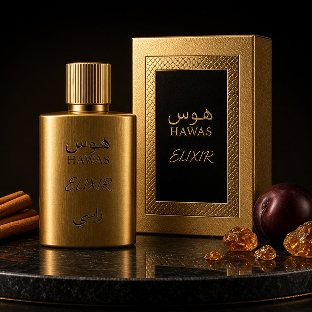 Rasasi Hawas Elixir Eau de Parfum 100ml bottle and box